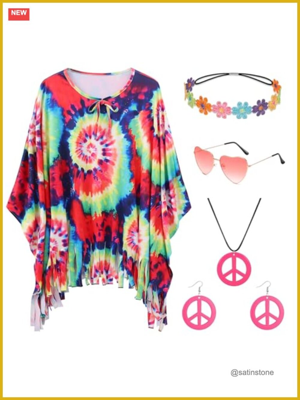 70s Hippie Costume Set Tie Dye Fringe Top Sunglasses Jewelry